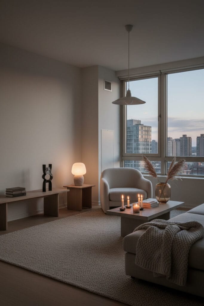 Salon chaleureux minimaliste, un espace apaisant et harmonieux où chaque détail compte.