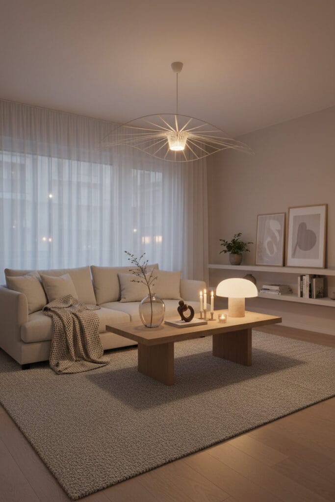 Salon chaleureux minimaliste, invitant à la relaxation et à la douceur en soirée.