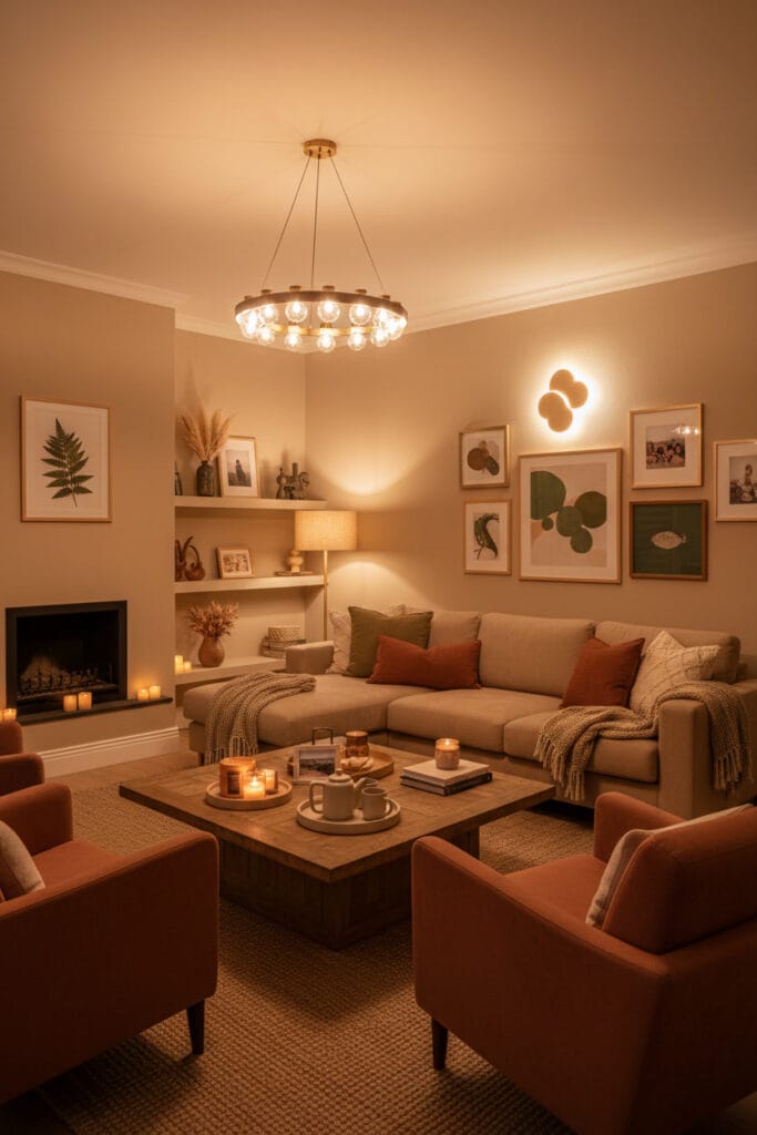 Salon chaleureux familial, invitant à la détente et aux instants partagés en soirée.