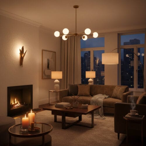 Salon chaleureux en soirée, ambiance cosy et accueillante, intérieur pensé pour le confort, la douceur et le bien-être.