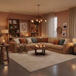 Salon cosy lumineux avec ambiance chaleureuse, matières naturelles et décoration cocooning harmonieuse.