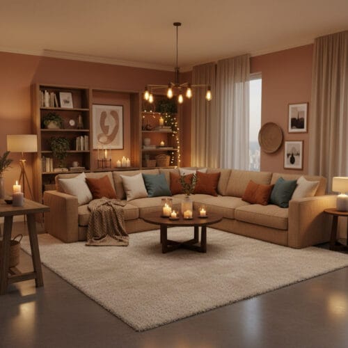 Salon cosy lumineux avec ambiance chaleureuse, matières naturelles et décoration cocooning harmonieuse.