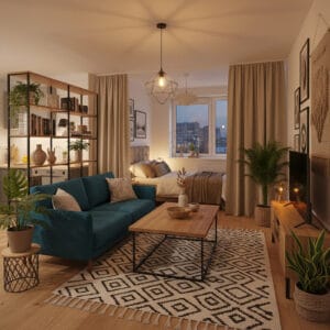 Studio aménagé avec différentes idées de séparation des espaces sans cloison