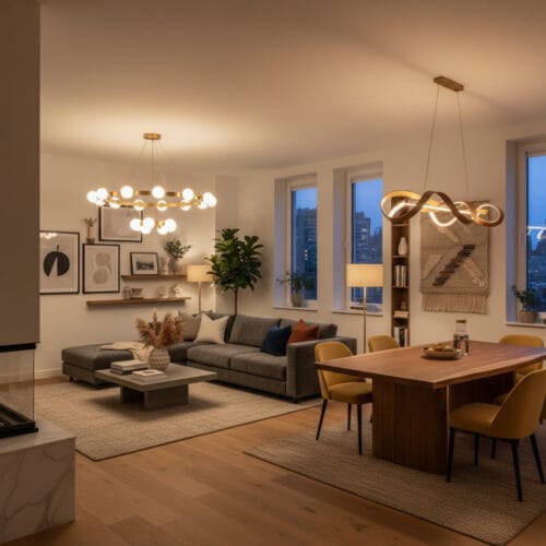 Suspension luminaire installée au centre d’un espace de vie lumineux, illustrant un éclairage adapté à différentes pièces de l’appartement.