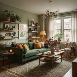 Décoration intérieure vert sauge avec ambiance cosy et composition riche mais parfaitement équilibrée.