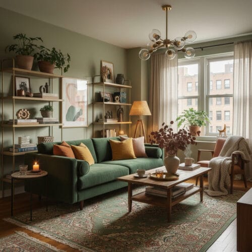 Décoration intérieure vert sauge avec ambiance cosy et composition riche mais parfaitement équilibrée.