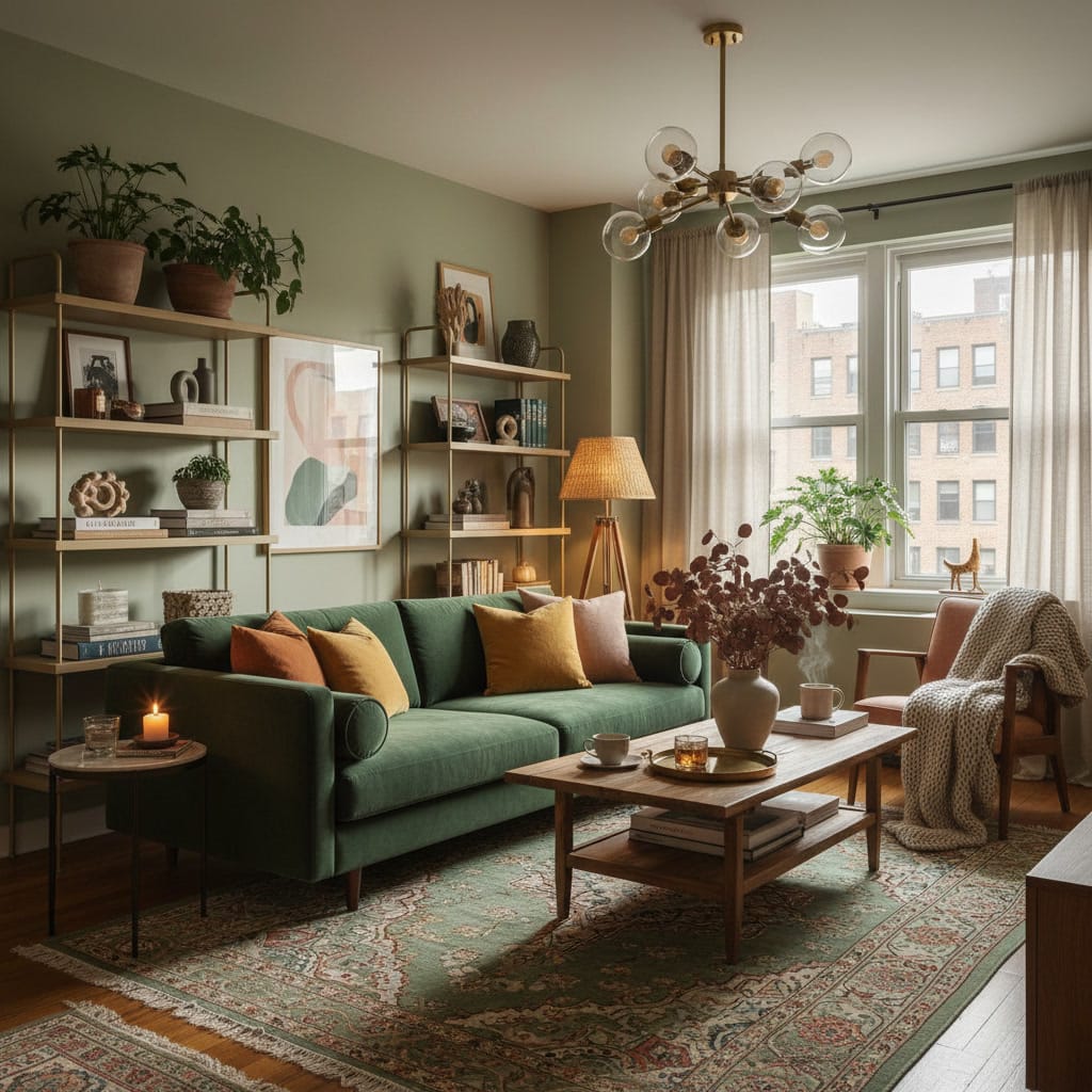 Décoration intérieure vert sauge avec ambiance cosy et composition riche mais parfaitement équilibrée.