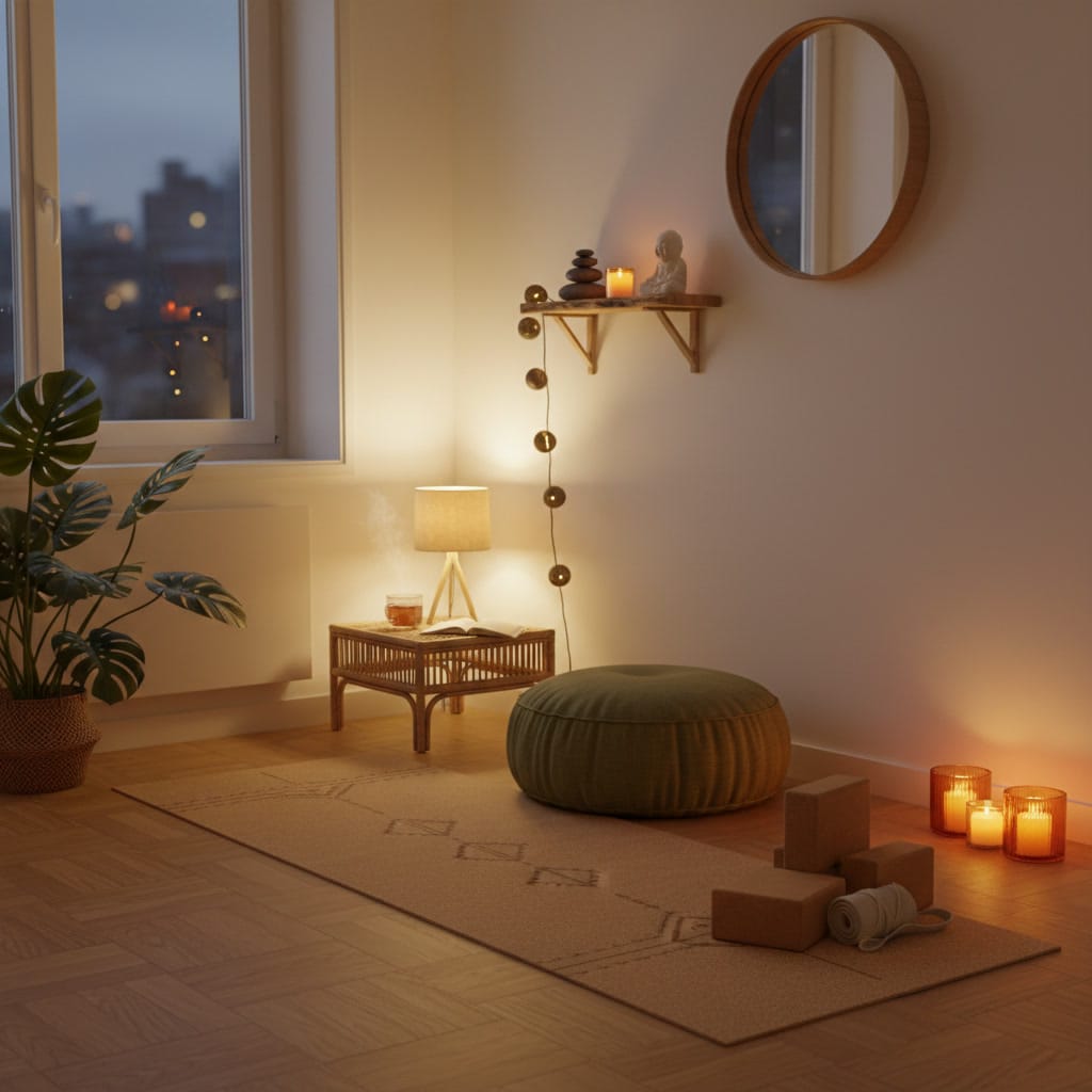 Coin yoga cosy et apaisant pour pratiquer le yoga à la maison