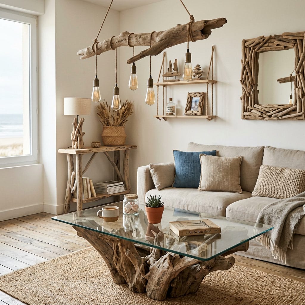 Décoration intérieure en bois flotté naturel dans un salon cosy