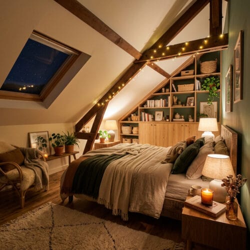 Ambiance chaleureuse dans une chambre sous comble avec un linge de lit en lin, des coussins moelleux, un tapis épais et des poutres en bois apparentes