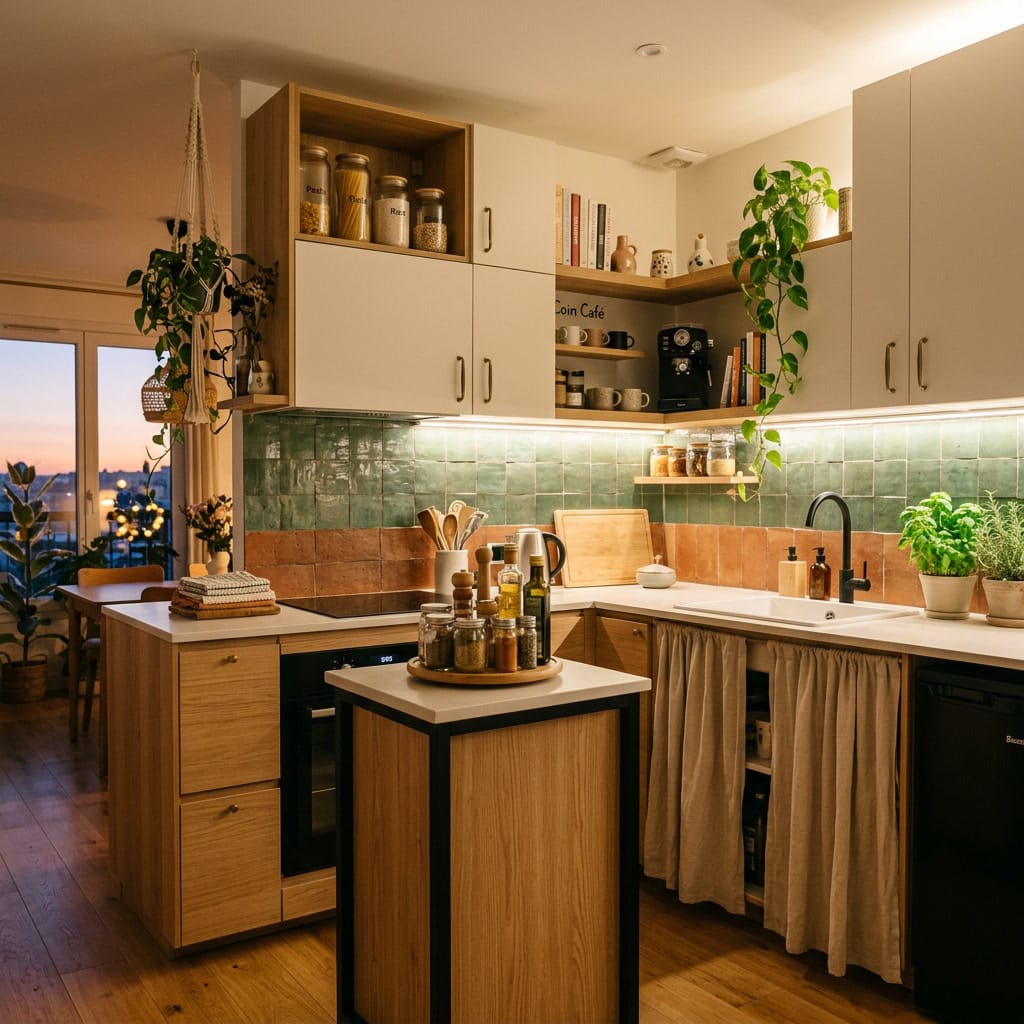 Cuisine tendance avec éclairage doux, rangements pratiques et éléments décoratifs harmonieux.