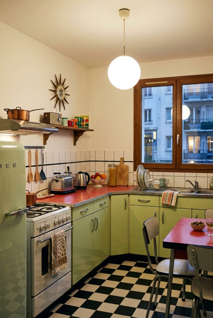 Cuisine vintage inspirée des années 50 avec une ambiance rétro douce et lumineuse.
