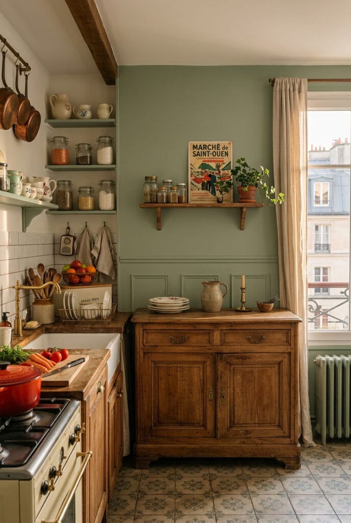 Cuisine vintage avec un buffet ancien en bois patiné, accessoires décoratifs et ambiance chaleureuse.