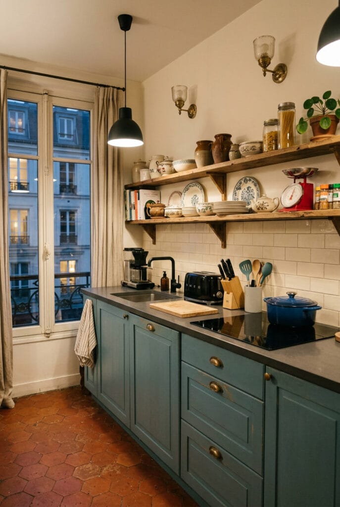 Cuisine vintage où mobilier ancien et accessoires modernes s’associent pour un style créatif et élégant.