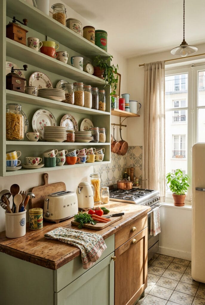Cuisine vintage avec étagères décorées d’objets chinés et ambiance chaleureuse et vivante.