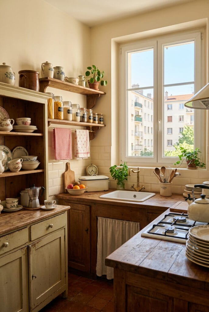 Cuisine vintage avec meubles en bois patiné, étagères ouvertes et décoration subtile.