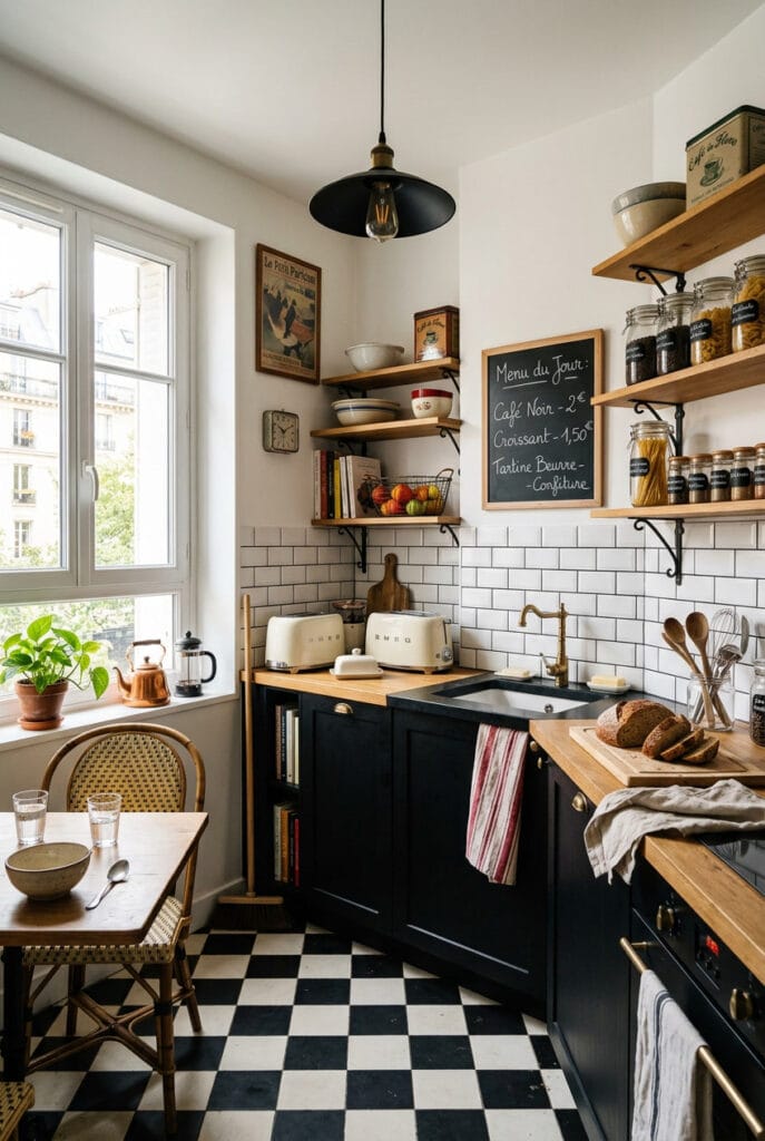 Cuisine vintage noir et blanc avec une ambiance rétro élégante inspirée des bistrots.