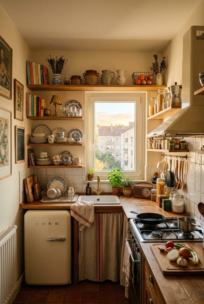 Décoration de cuisine vintage avec une ambiance rustique douce et chaleureuse.