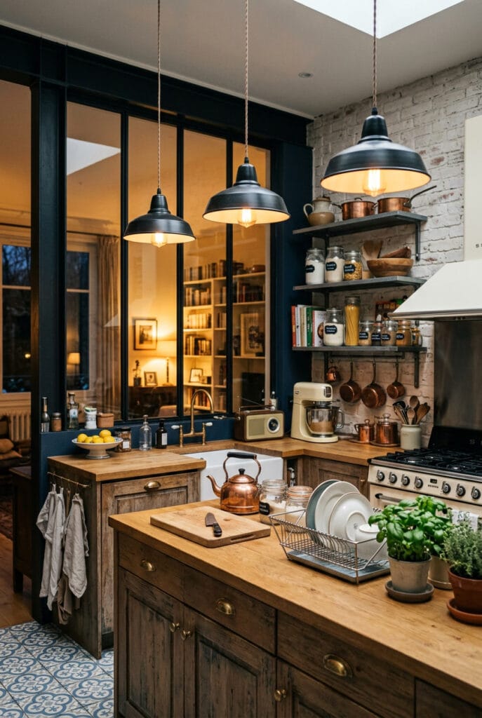 Cuisine vintage avec verrière noire, luminaires industriels et mobilier mêlant métal et bois.