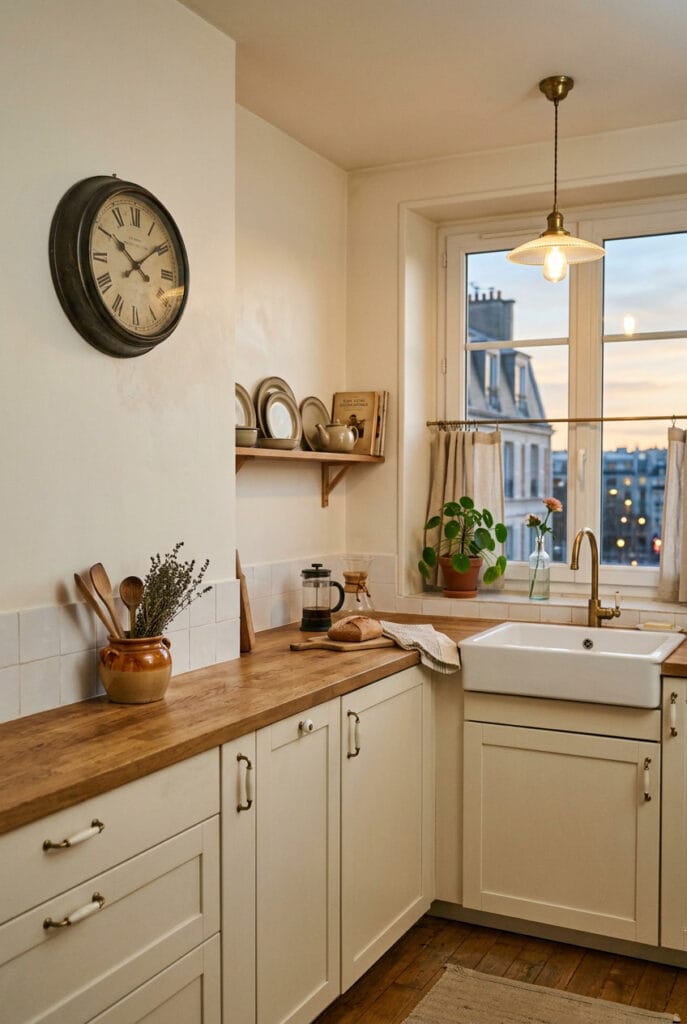 Cuisine vintage claire et épurée avec quelques accessoires rétro et ambiance légère et lumineuse.