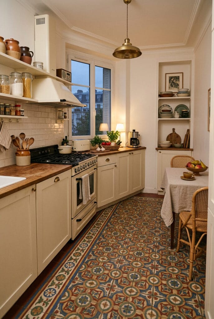 Cuisine vintage avec sol en carreaux de ciment à motifs et ambiance rétro élégante.