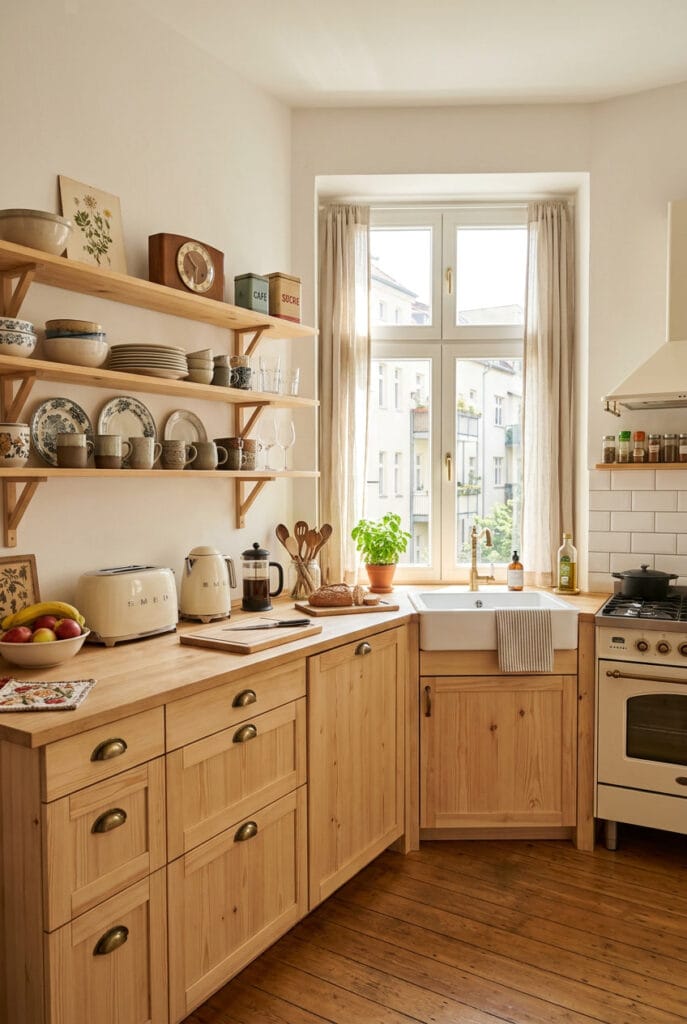 Cuisine vintage avec mobilier en bois clair, surfaces épurées et touches rétro raffinées.