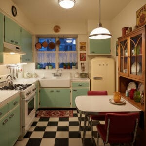 Cuisine vintage chaleureuse mêlant charme rétro et touches contemporaines dans un espace lumineux et harmonieux.