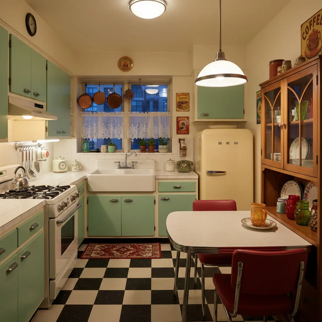 Cuisine vintage chaleureuse mêlant charme rétro et touches contemporaines dans un espace lumineux et harmonieux.