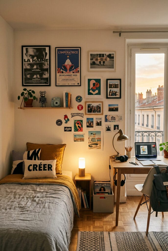Mur décoré avec posters et cadres dans une deco chambre ado moderne