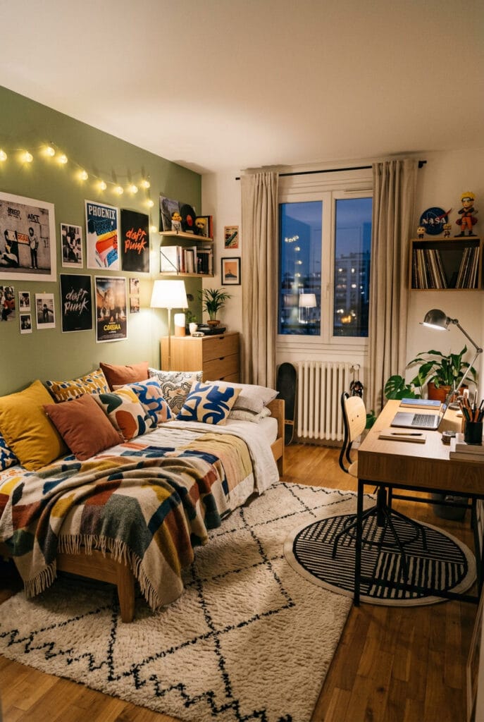 Chambre ado stylée avec mix de textiles tendance et matières variées