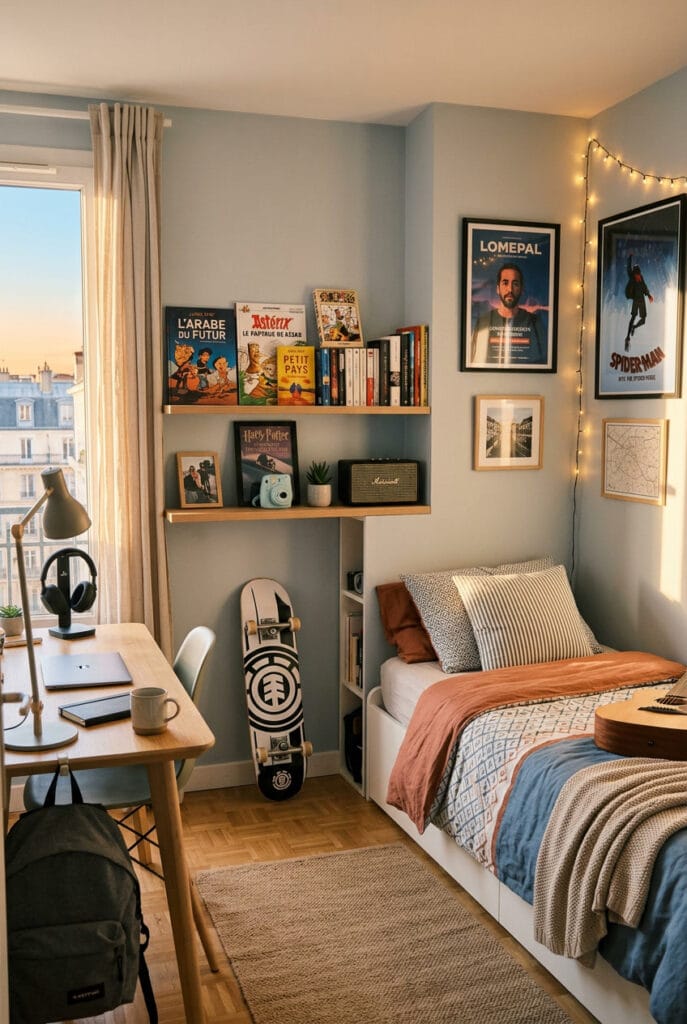 Chambre ado personnalisée avec objets hobby et accessoires reflétant les goûts
