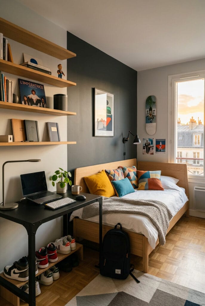 Chambre ado dynamique jouant sur les contrastes de couleurs et matières