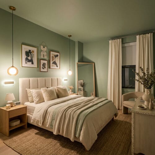 Déco chambre adulte cosy avec éclairage doux, textiles naturels et palette de couleurs apaisantes