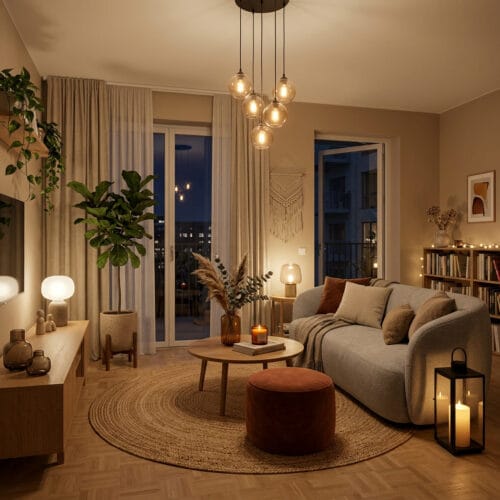 Salon cosy avec plantes, bougies et textures naturelles – idées deco salon chaleureuses