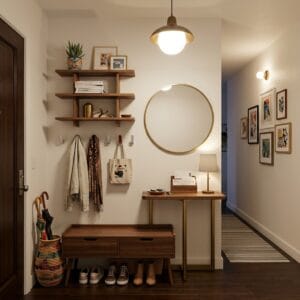 Aménagement d'une entrée maison épurée avec rangements muraux et banc multifonction