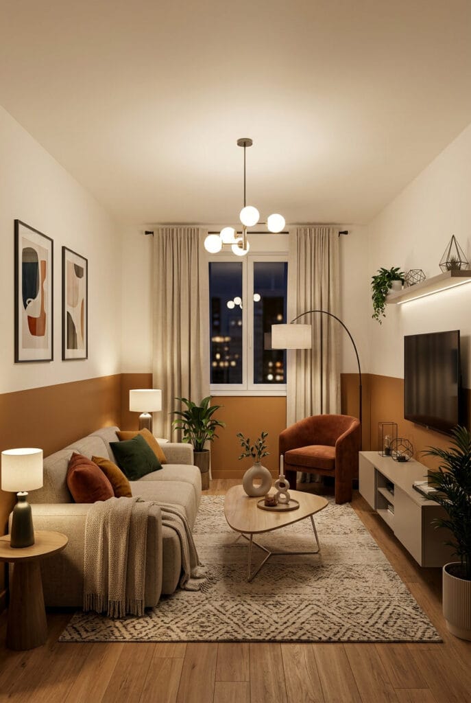 Demi-mur peint brun caramel et blanc dans un couloir chaleureux style cosy