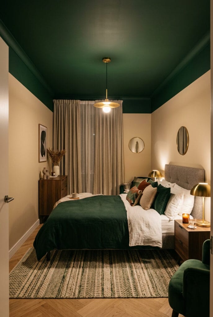 Plafond peint vert forêt dans une chambre intimiste avec ambiance cocooning