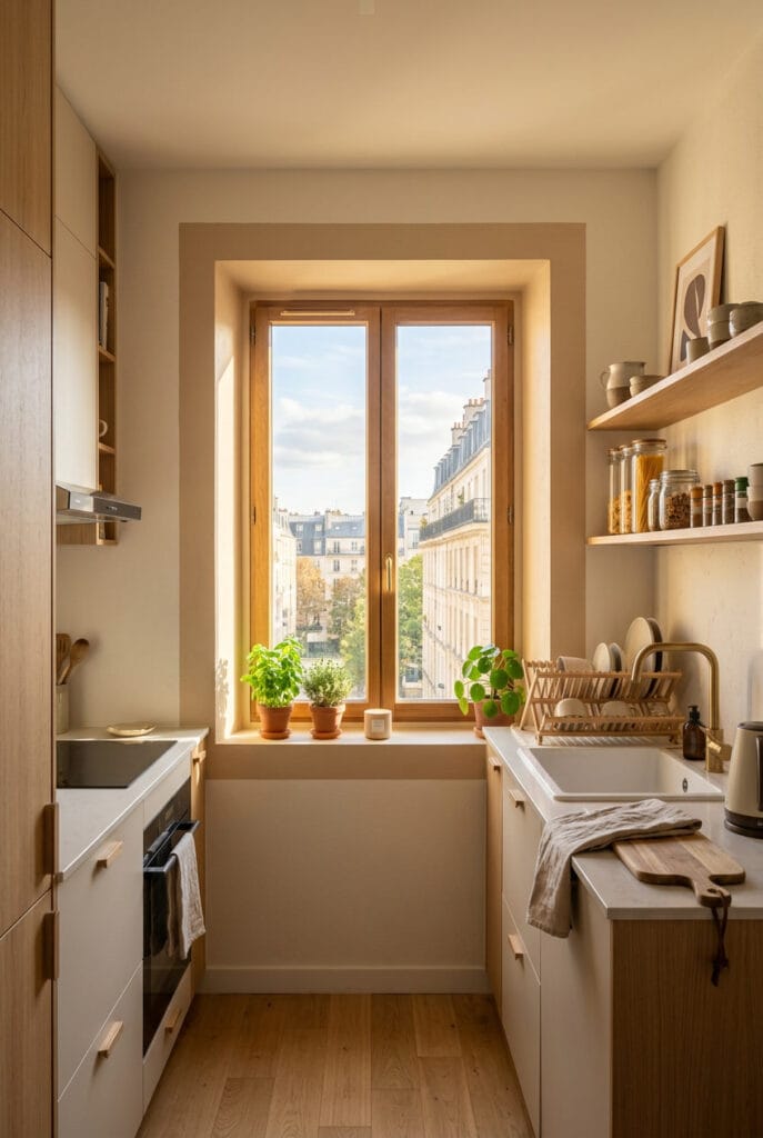 Peinture murale encadrant une fenêtre en beige chaud pour sublimer la lumière naturelle