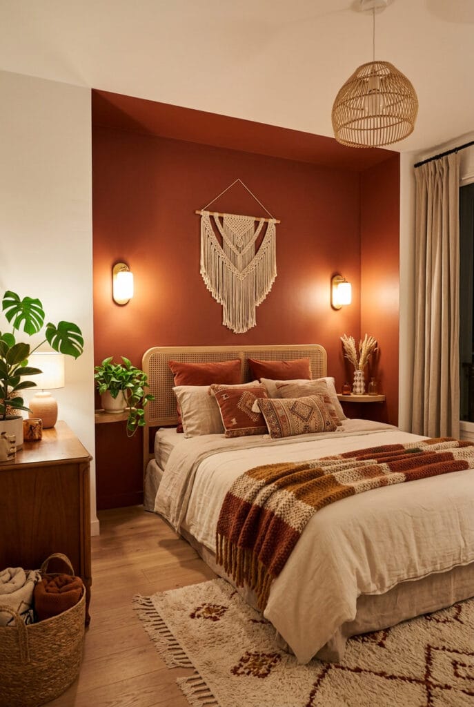 Peinture murale terracotta autour de la tête de lit créant une alcôve cosy et intimiste