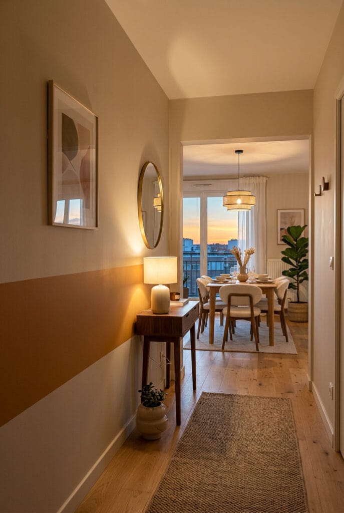 Peinture murale bande horizontale au tiers inférieur du mur dans un intérieur cosy