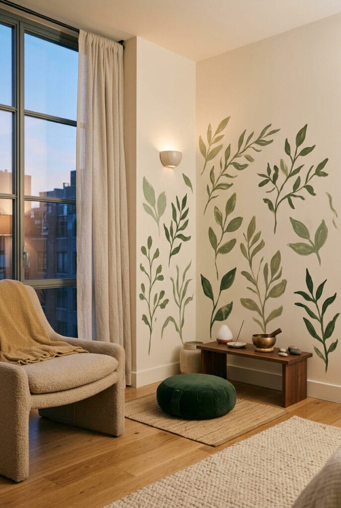 Peinture murale végétale avec silhouettes de feuilles vertes sur mur blanc dans un intérieur cosy