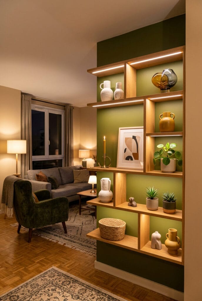 Peinture murale aplat coloré derrière des étagères murales dans un salon décoratif et cosy