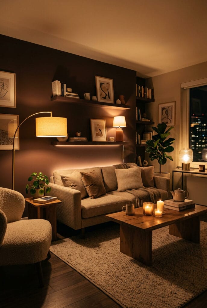 Petit salon cosy éclairé par plusieurs sources lumineuses basses et chaleureuses