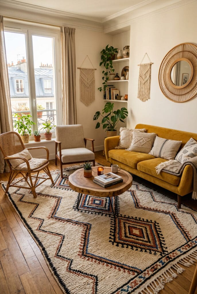 Grand tapis ancrant visuellement les meubles d'un petit salon cosy et bien organisé