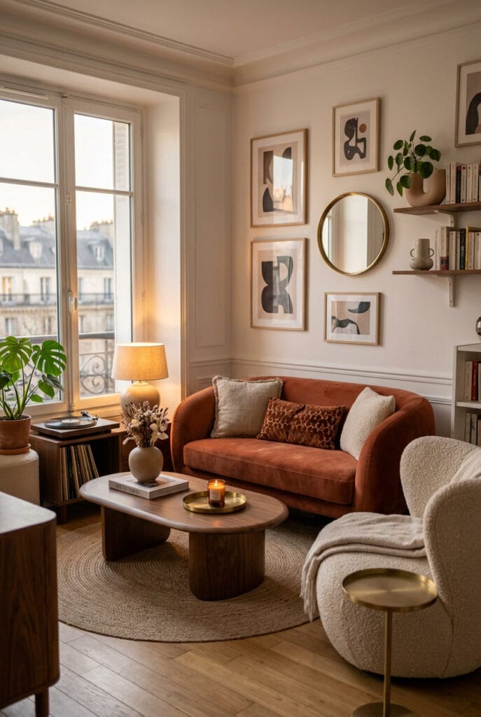 Meubles aux lignes courbes et formes ovales dans un petit salon doux et cosy