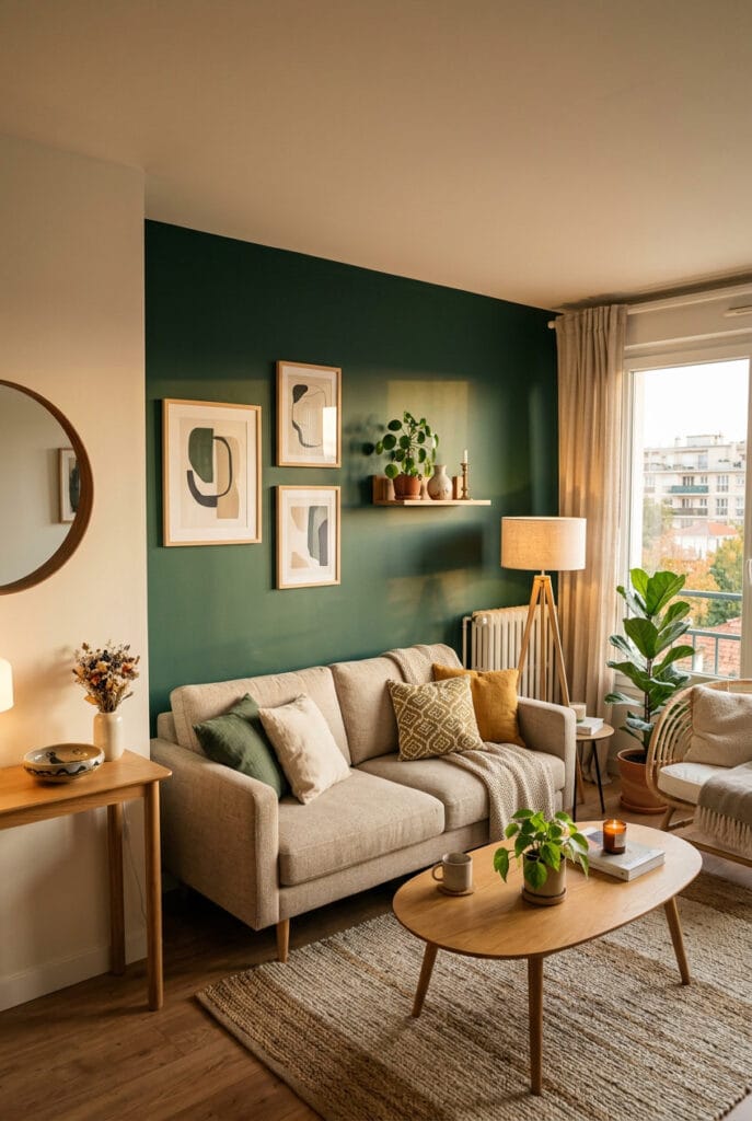 Petit salon avec un mur foncé créant une sensation de profondeur et de caractère