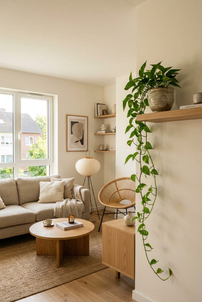 Coin de petit salon animé par une plante retombante cascadant depuis une étagère en hauteur