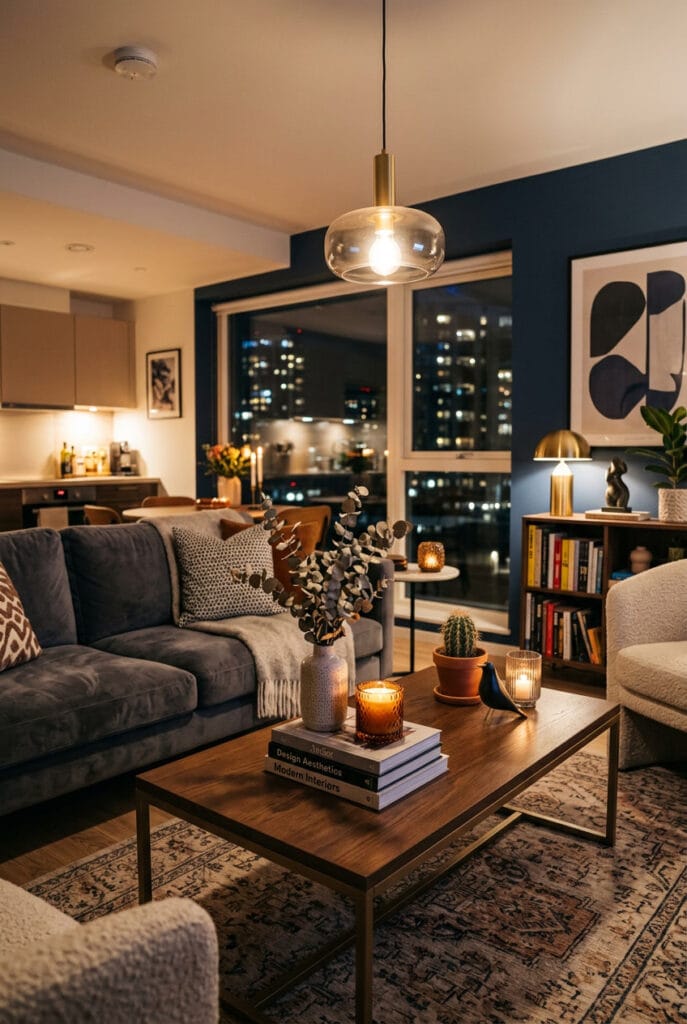 Petit salon cosy avec objets déco groupés par trois pour un effet visuel harmonieux et équilibré