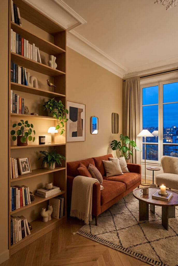 Bibliothèque murale haute dans un petit salon donnant une illusion de hauteur et de volume