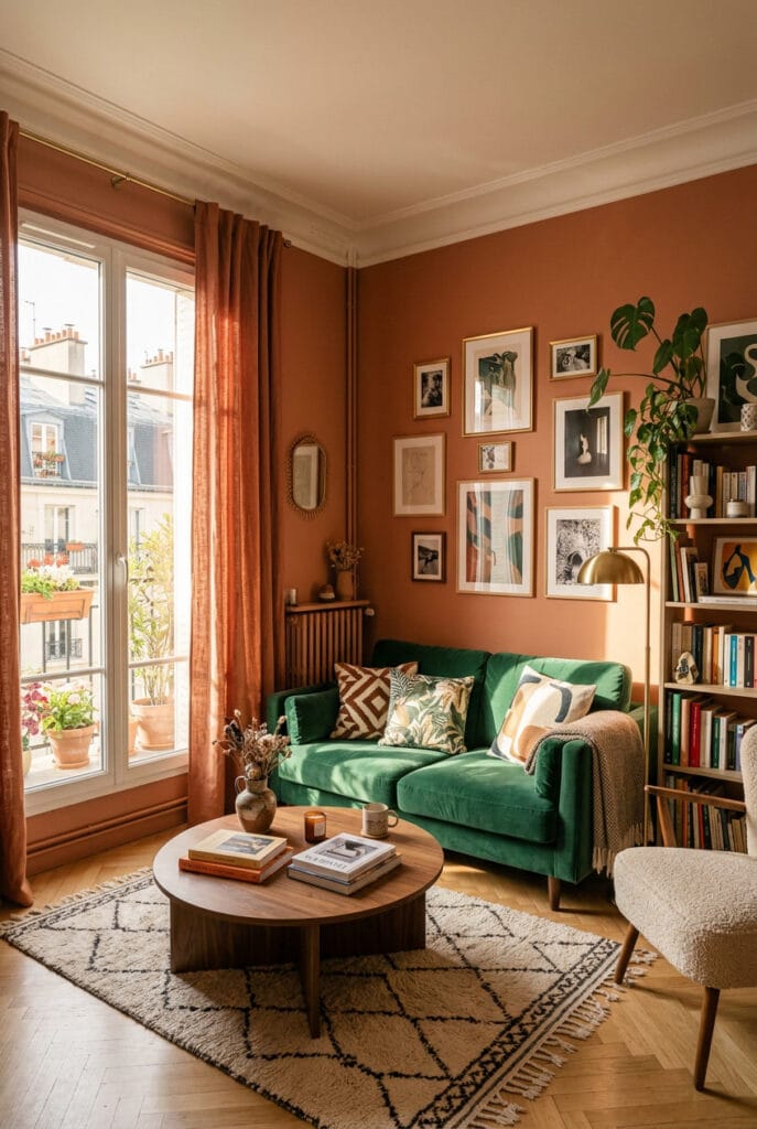 Petit salon élégant avec rideaux fondus dans la couleur des murs créant une atmosphère enveloppante